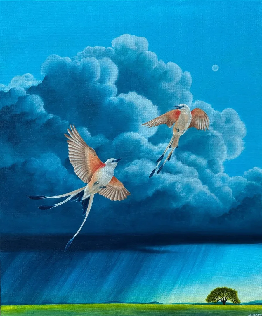 Two Scissortails in Flight Over a Texas Storm — original artwork by Lacy Ann Lichtenhan