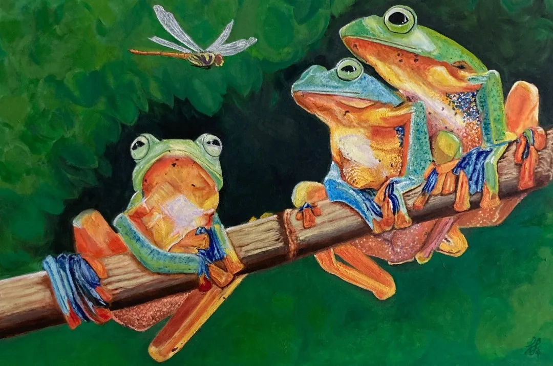 Three Tree Frogs and a Dragonfly — original artwork by Lynn Lehenbaur