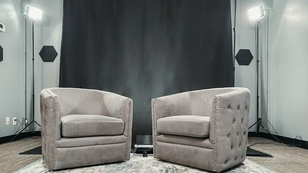 Media Studio interview set with two armchairs and professional lighting in San Antonio