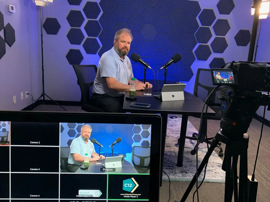 Media Studio podcast recording setup with microphones and camera in San Antonio