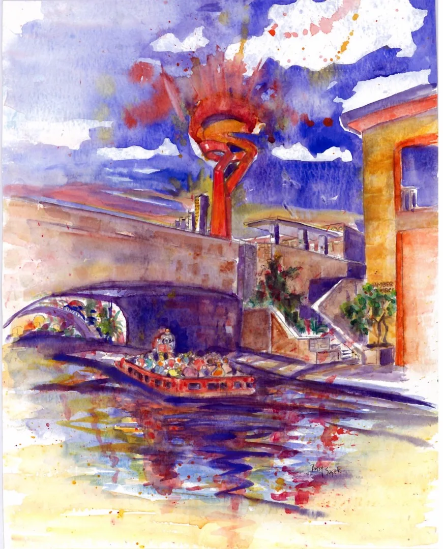 Celebrating Fiesta on the San Antonio River — original artwork by Patsy Sasek