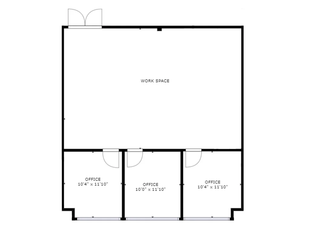 Room 211 floor plan: open work space plus three private offices (10'4" x 11'10", 10'0" x 11'10" and 10'4" x 11'10")