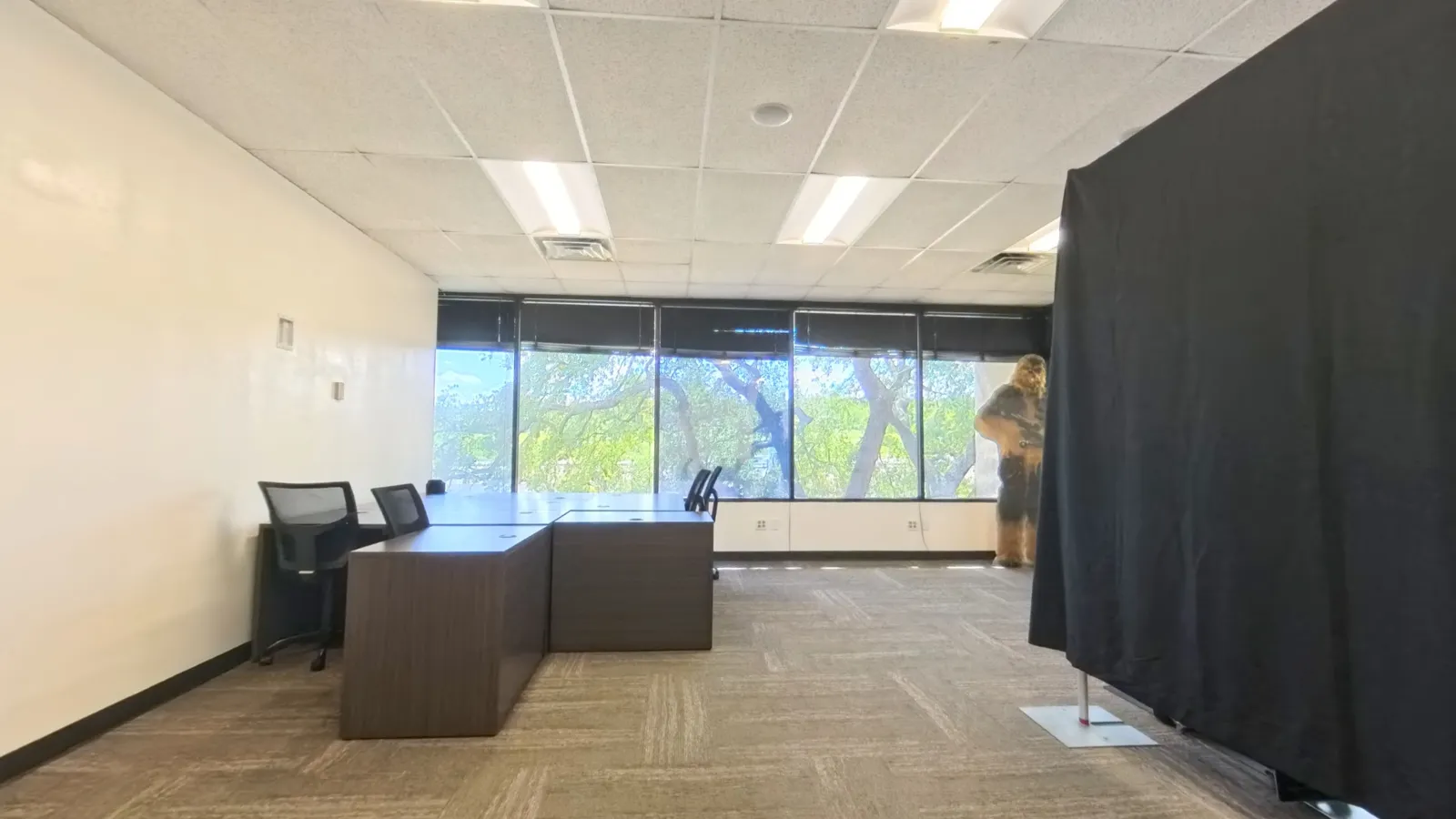 Room 221 private office at Kinected Coworking with L-shaped desk and window wall